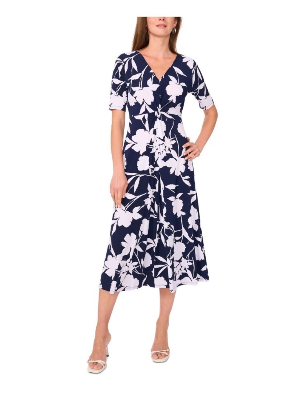 MSK Women Floral-Print V-neck Twist-Front Jersey Midi Dress Navy Blue Size L $79